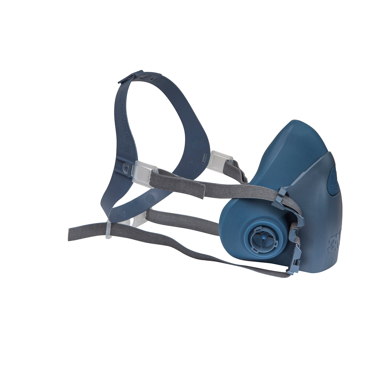 3M 7502 medium reusable half-face respirator, opposite side view showing filter connection and adjustable straps; filters not fitted