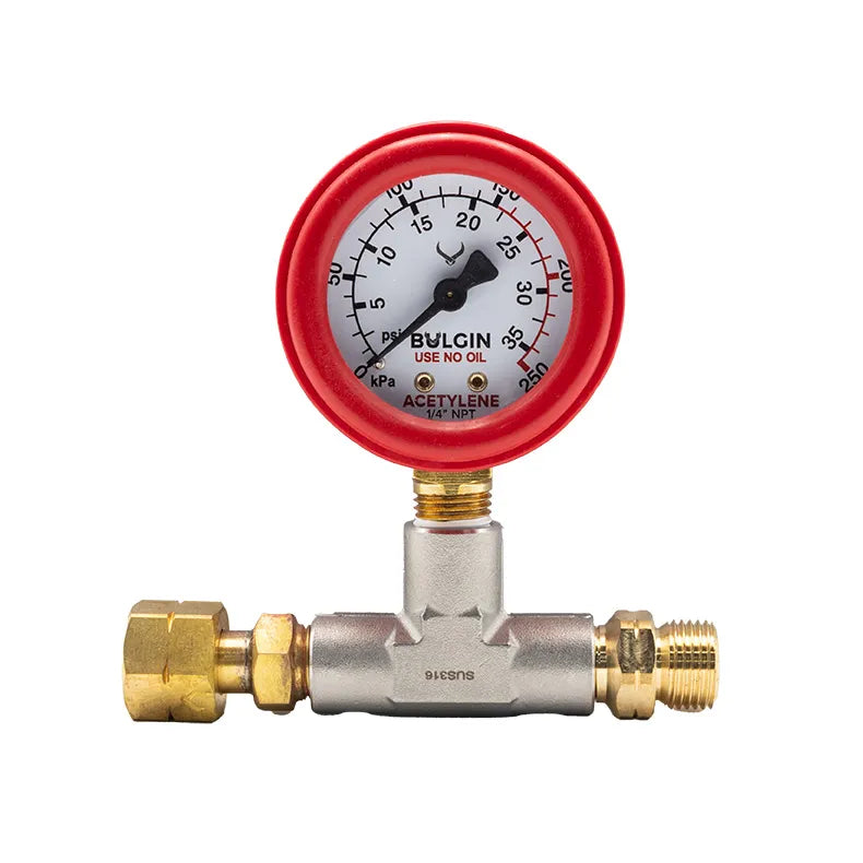 Bulgin Test Gauge Acetylene 0-250 kPa In: 5/8"-18 UNF Female LH Out: 5/8"-18 UNF Male LH - 668-40002