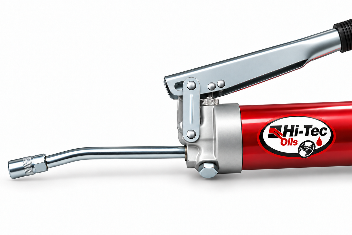 Hi-Tec Oils lever-action grease gun rigid outlet and coupler detail, AI-enhanced illustration