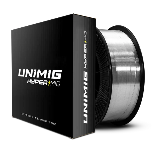 UNIMIG HYPERMIG welding wire spool beside its black retail box