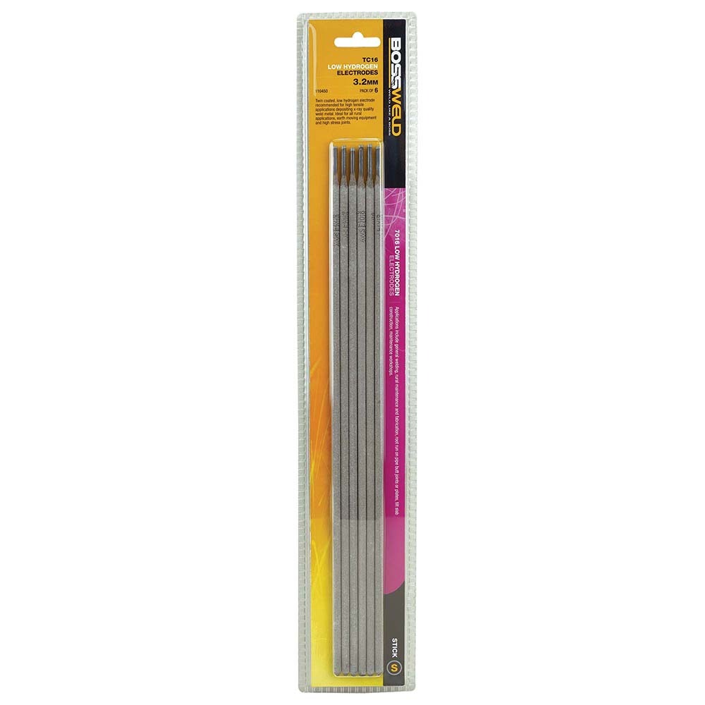 BOSSWELD TC16 low hydrogen electrodes, 3.2mm, 6-stick pack, product code 110450, front packaging