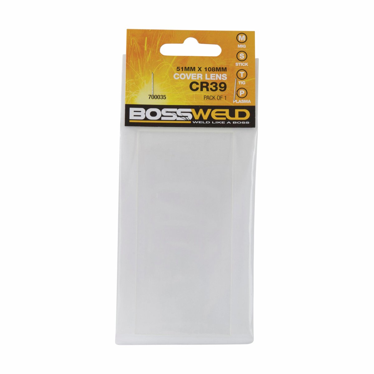 Bossweld 700035 CR39 cover lens, 108 x 51 mm, labelled single-piece retail packaging
