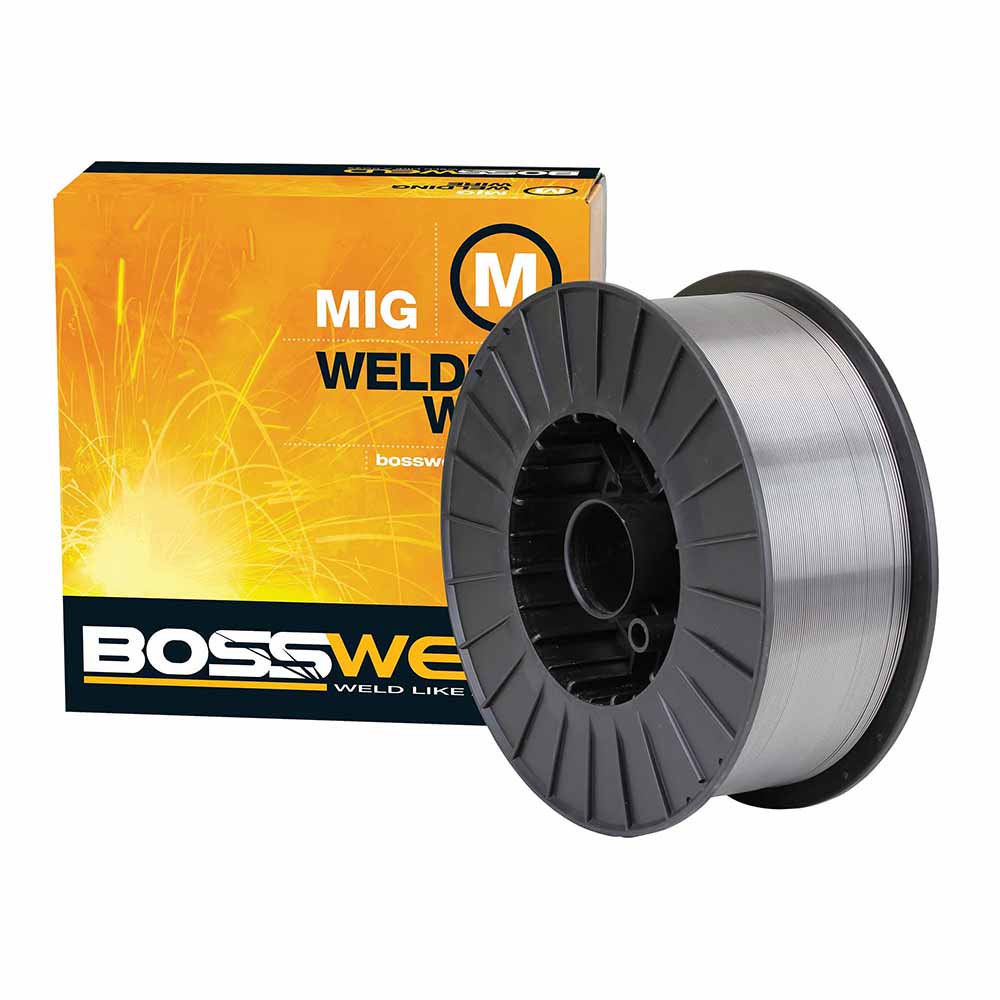 BOSSWELD Gasless 11 MIG wire, 1.6mm 15kg spool with yellow BOSSWELD box