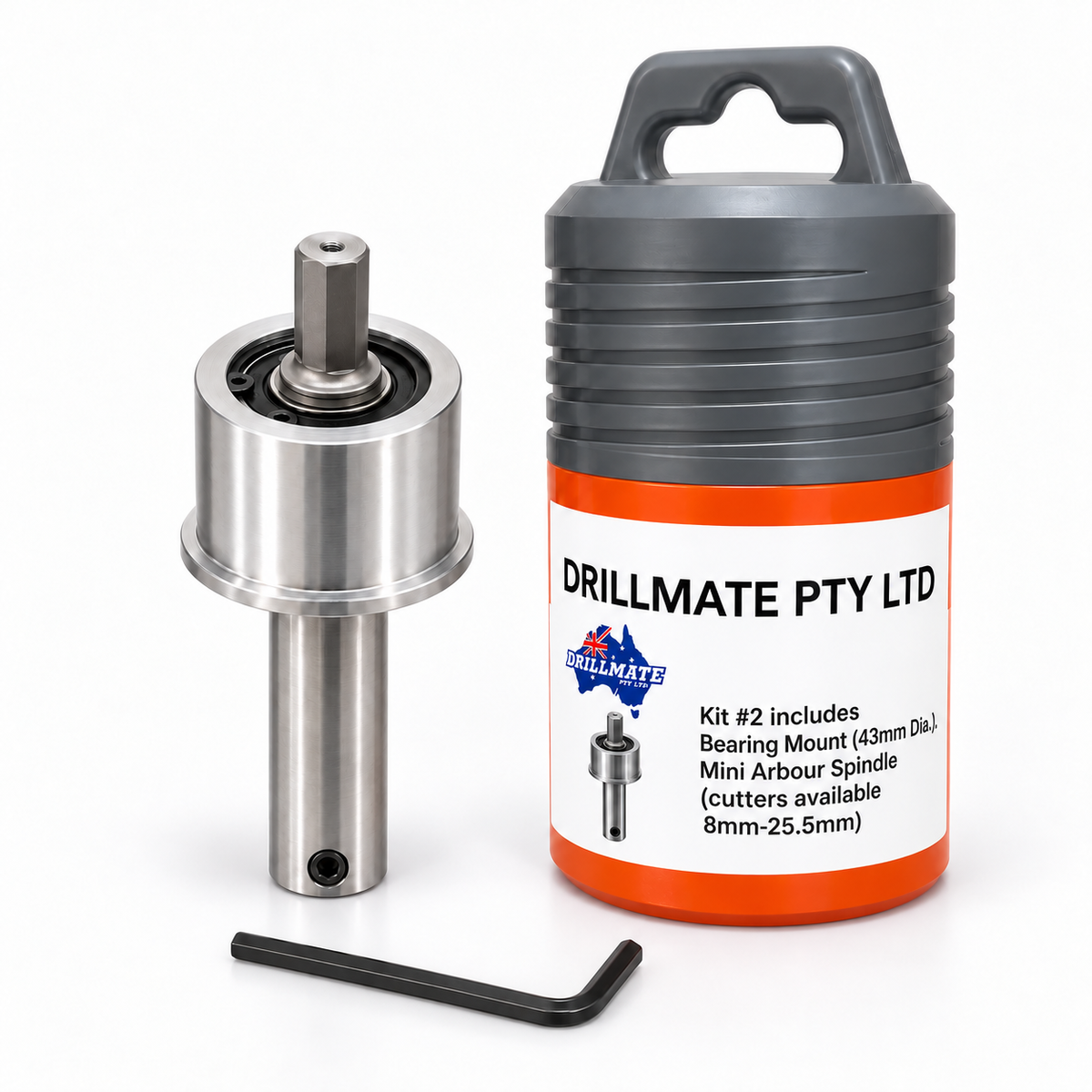 Drillmate DMKIT2 kit overview: upright bearing mount and mini arbour spindle, single Allen key and orange-grey storage tube with clean white label, arranged on white.