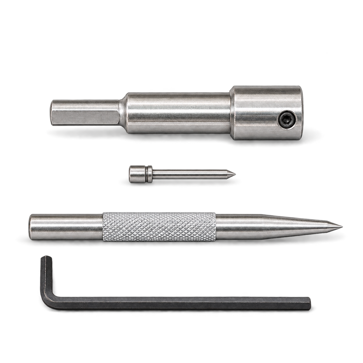 Drillmate DMHB702 arbour, small pin, knurled centre punch and Allen key displayed separately.