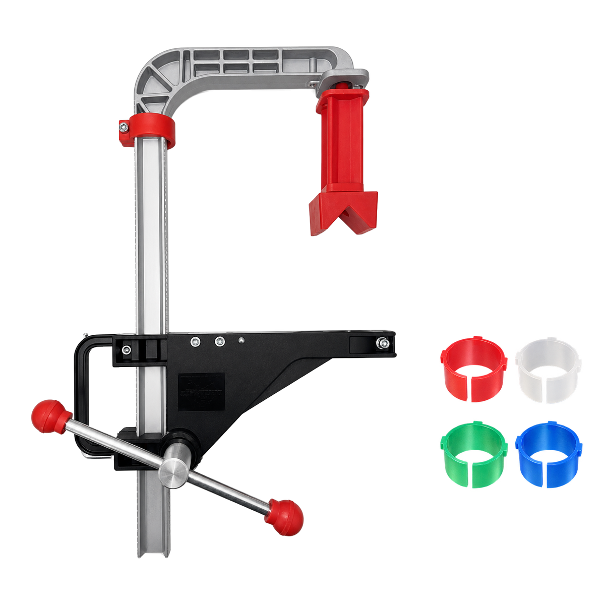 Drillmate DM100A kit — original frame photograph with four reference-based shim illustrations.