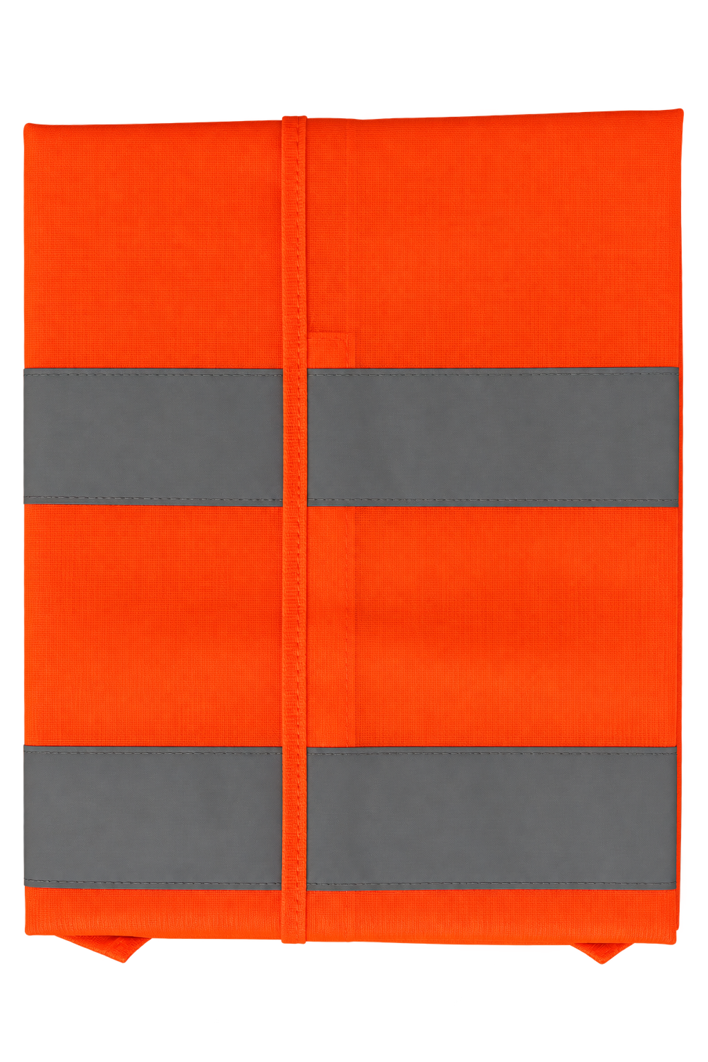 An orange high-visibility safety vest or cover folded flat, featuring two vertical gray reflective stripes and a horizontal gray reflective stripe across the center, shown on a plain white background.