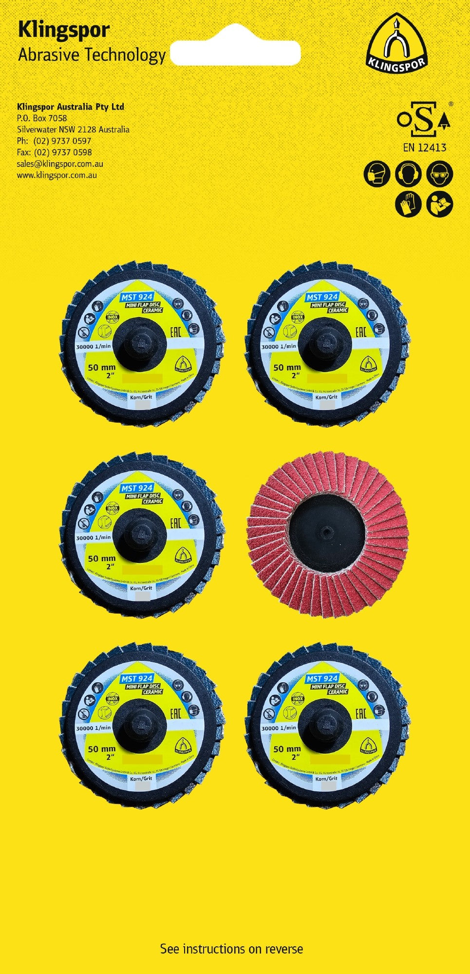 Klingspor MST 924 Special 671316 50mm mixed-grit retail pack, showing ceramic abrasive faces and Quick Roll Connect backs