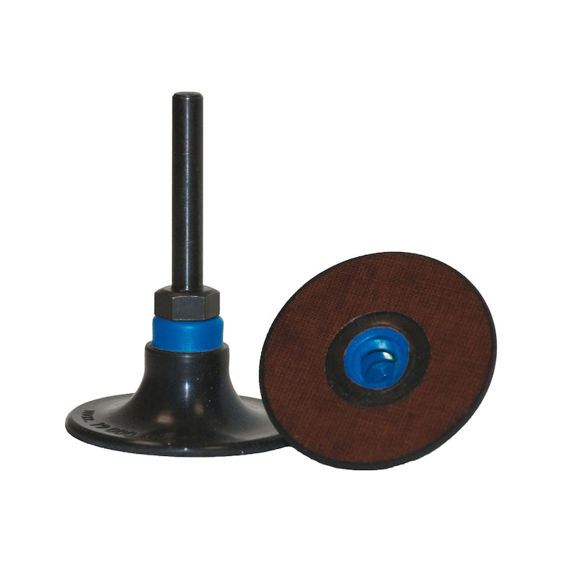 Klingspor QRC 555 295428 medium backing pad, 50mm with 6mm shaft, showing the blue hardness ring and quick-change disc mounting face.