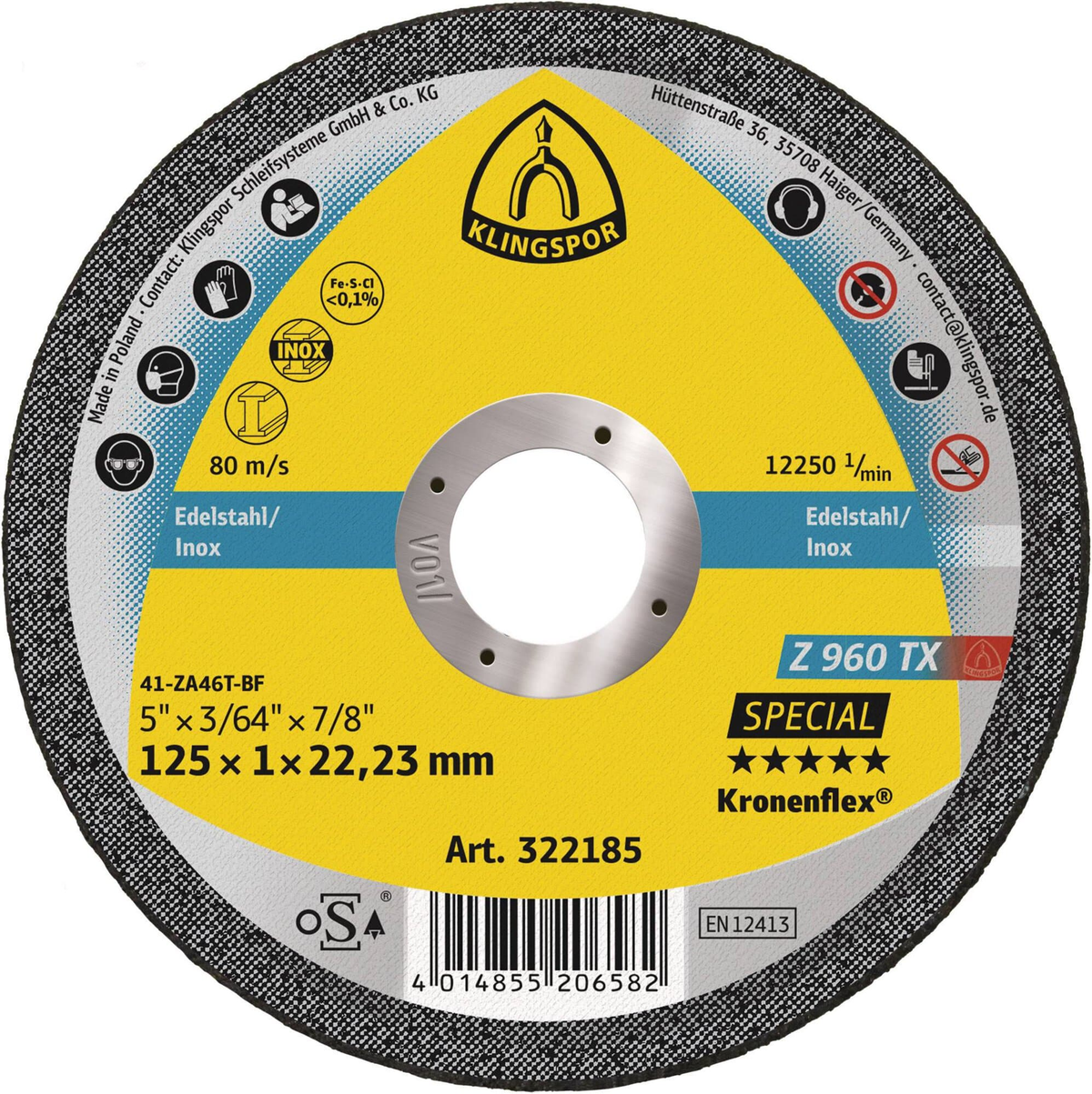 Klingspor Z 960 TX Special cutting disc, Art. 322185, 125 x 1 x 22.23mm, front view showing product label and bore.