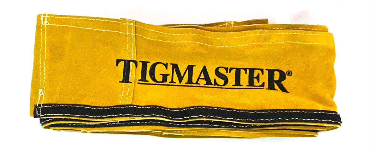 TIGMASTER TM410V split-leather cable cover, 100mm wide by 3m long, folded to show the Velcro closure and stitched edges.