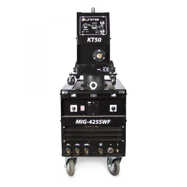 Front view of the UNIMIG WORKSHOP 425 SWF welder and KT50 wire feeder, showing the control panels and welding cable connections.