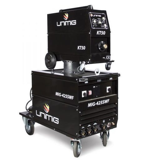 UNIMIG WORKSHOP 425 SWF welder with KT50 wire feeder, viewed from the opposite side showing the cabinet, carrying handle and wheels.