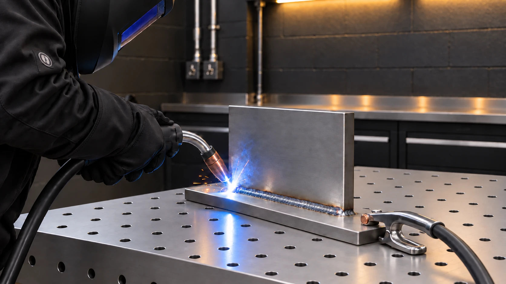 Welder in black protective gear using a MIG torch on a steel joint
