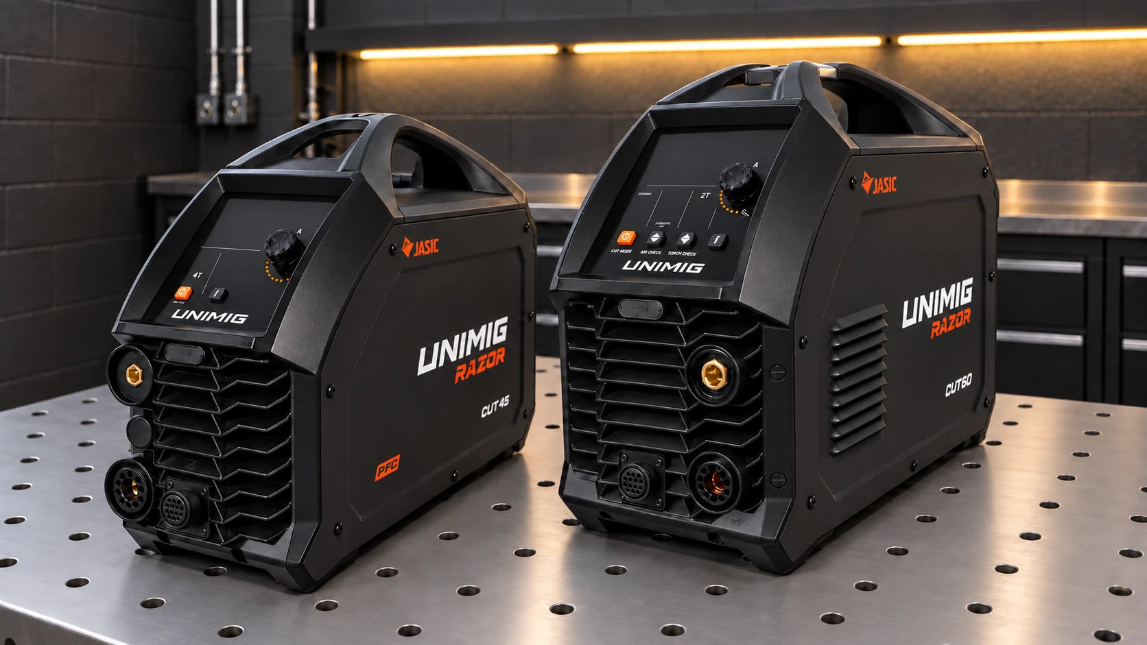 UNIMIG RAZOR CUT 45 and CUT 80 plasma cutters displayed side by side