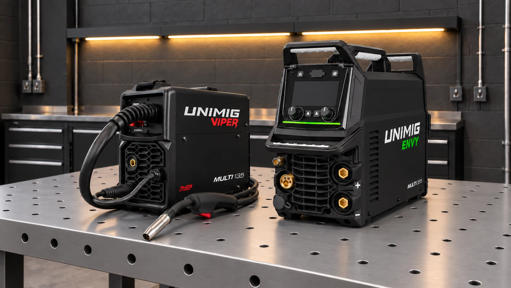 UNIMIG VIPER MULTI 135 and ENVY MULTI 195 welders displayed side by side