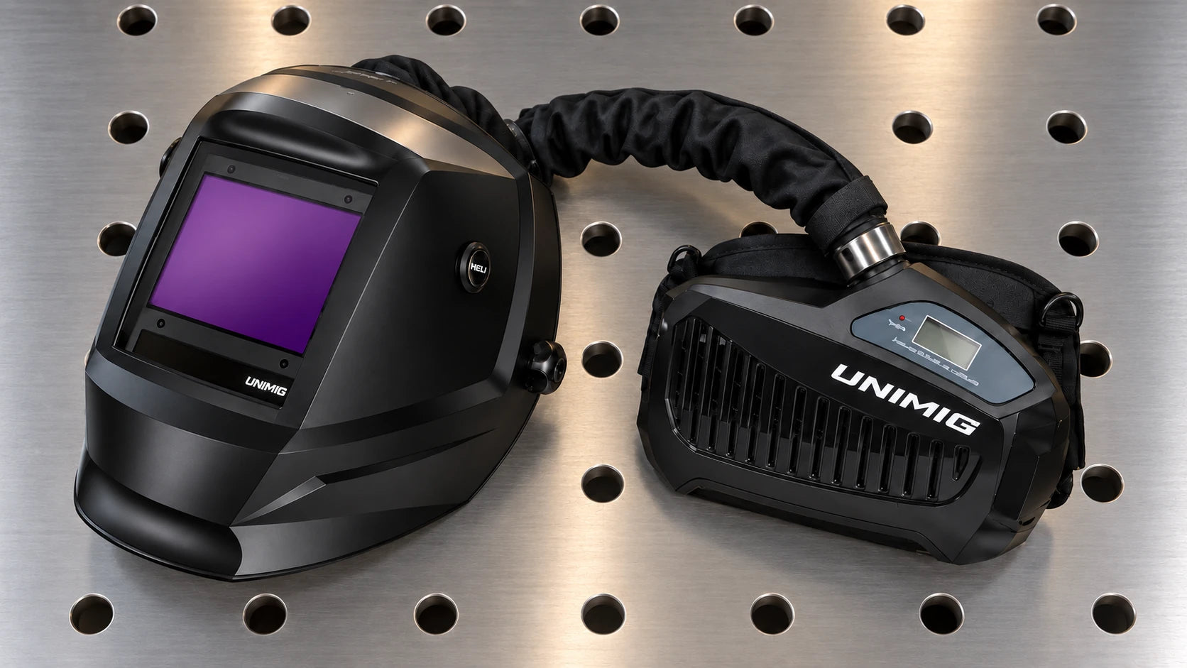 Welding helmet with powered air respirator and breathing hose