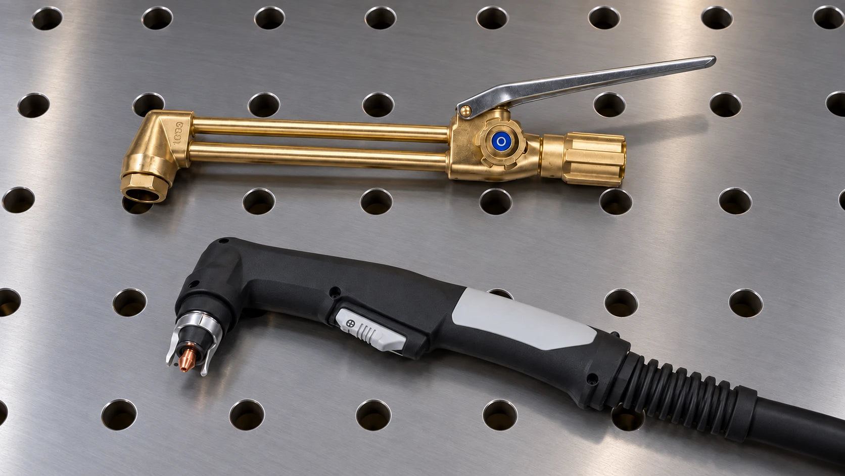 Gas cutting attachment and plasma torch displayed on a workshop bench