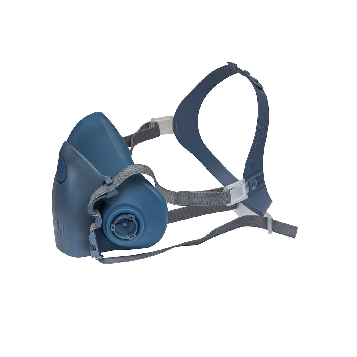 3M 7502 medium reusable half-face respirator, side view showing bayonet filter connection and head harness; filters not fitted