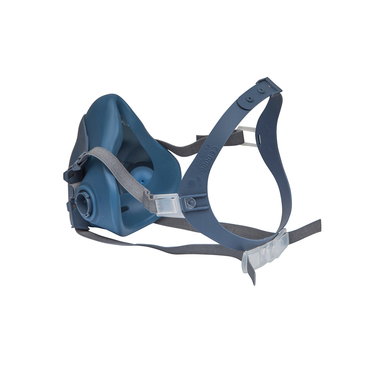 3M 7502 medium reusable half-face respirator, rear three-quarter view showing silicone face seal and strap buckles; filters not fitted