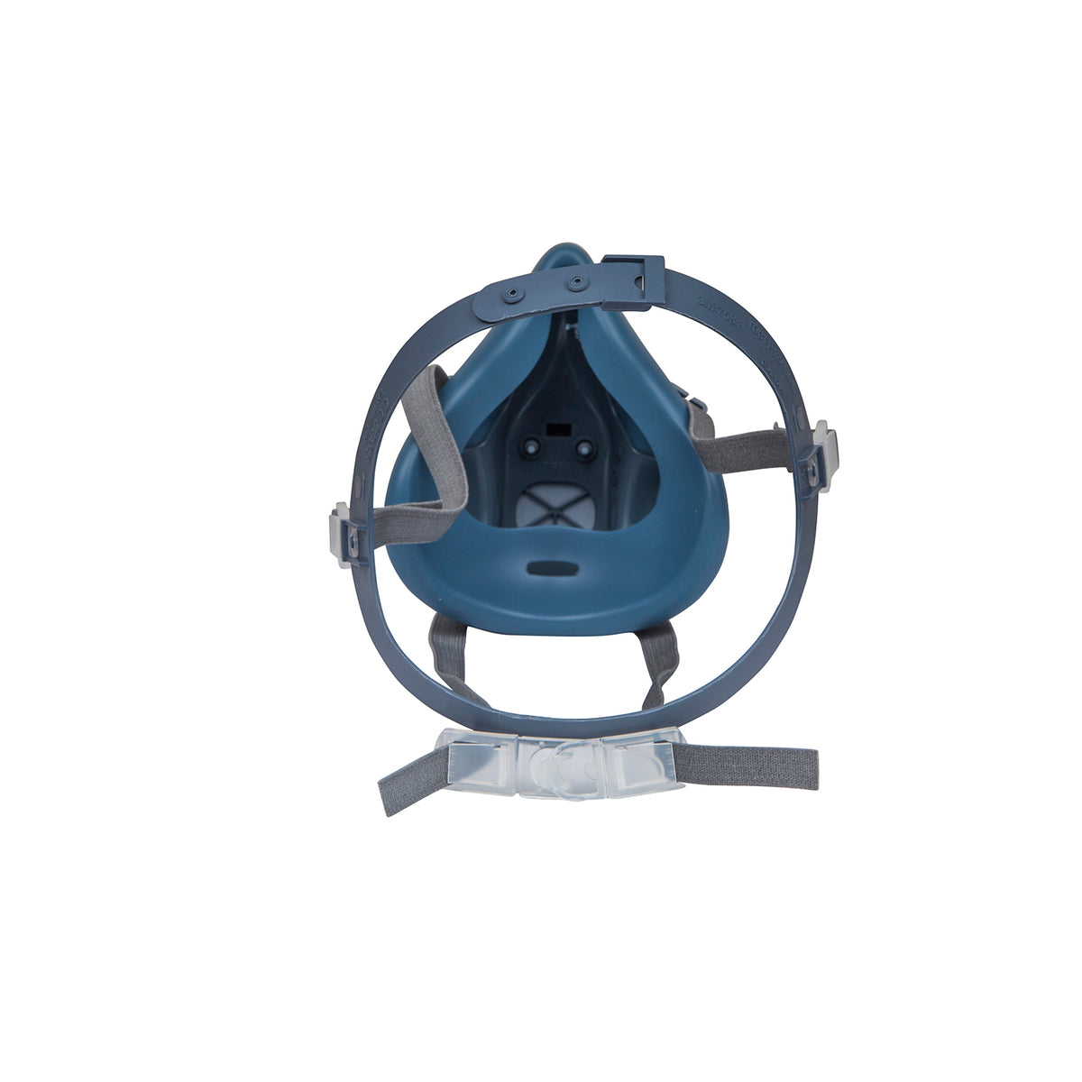 3M 7502 medium reusable half-face respirator, rear view showing inner facepiece and head harness; filters not fitted