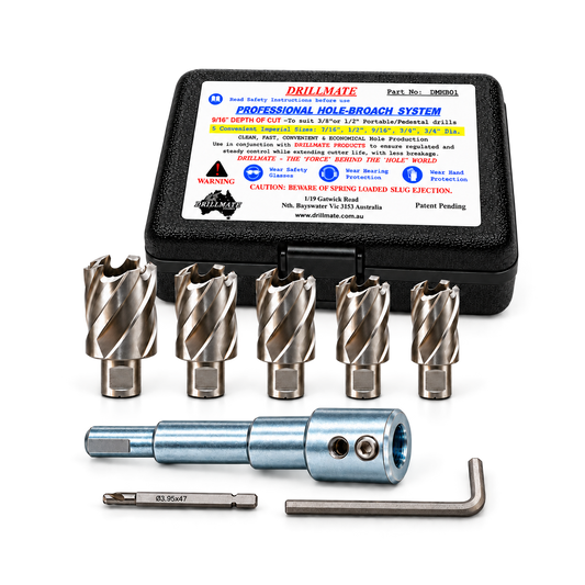Drillmate DMHB01 complete kit: five aligned imperial mini cutters, stepped arbour, pilot ejector pin and Allen key arranged together in front of the closed labelled black case.