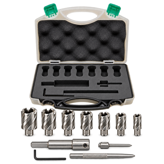 Drillmate DMHB702 complete metric kit: seven aligned cutters and arbour, pin, centre punch and Allen key arranged in front of the open carry case.