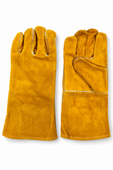HAW golden 14-inch welding gloves, showing the back and reinforced palm of the pair
