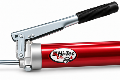 Hi-Tec Oils lever-action grease gun pump head and lever detail, AI-enhanced illustration