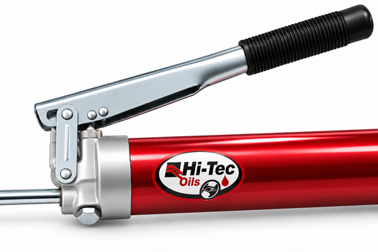 Hi-Tec Oils lever-action grease gun pump head and lever detail, AI-enhanced illustration