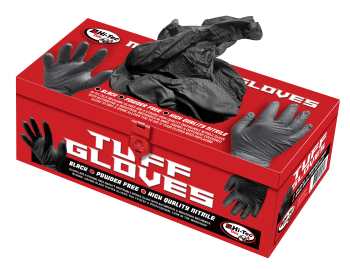 Hi-Tec Tuff black powder-free nitrile gloves, one dispenser box of 100; size selected separately