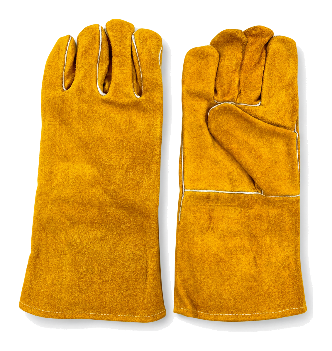 HAW golden 14-inch welding gloves, showing the back and reinforced palm of the pair