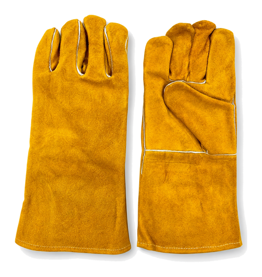 HAW golden 14-inch welding gloves, showing the back and reinforced palm of the pair