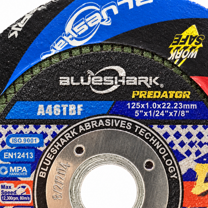 Close-up of BlueShark Predator label showing A46TBF and 125 x 1.0 x 22.23 mm specification
