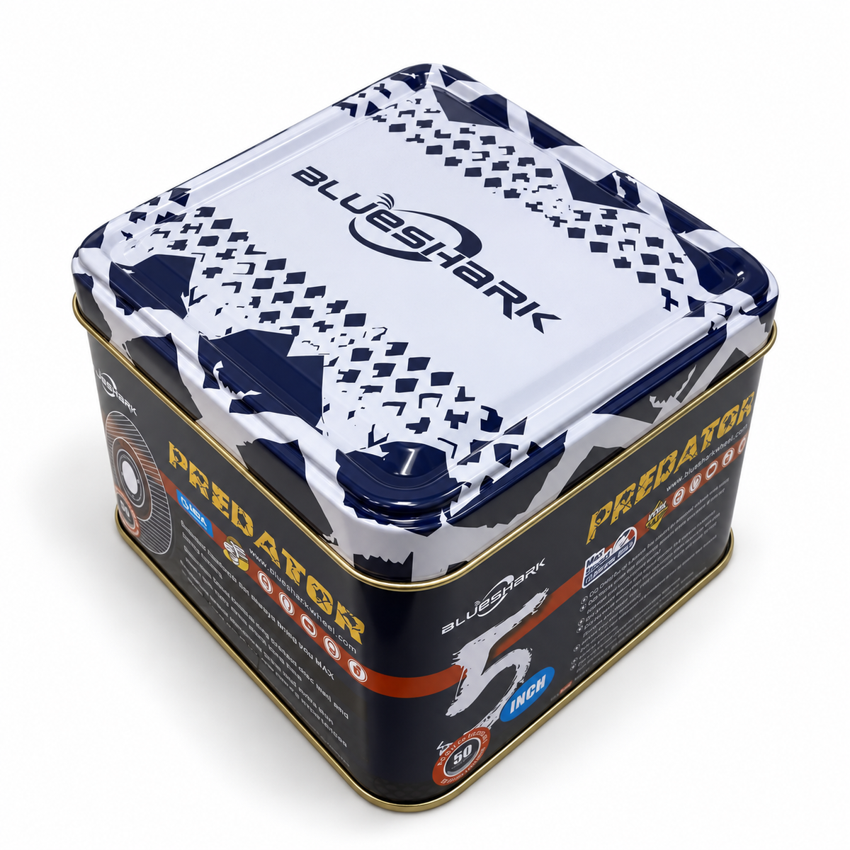 BlueShark Predator tin from an elevated angle showing the branded lid