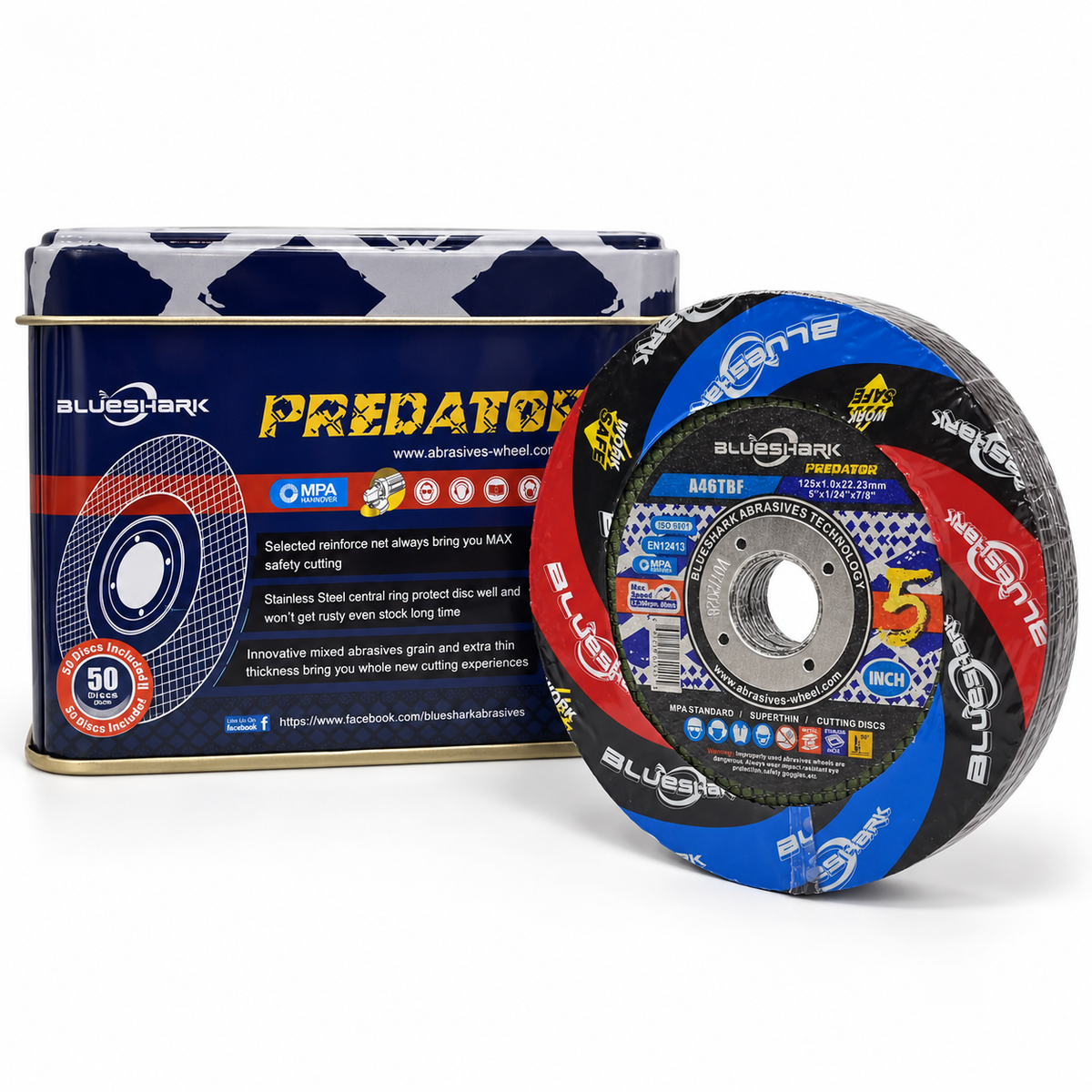 BlueShark Predator metal tin displayed beside the wrapped cutting disc stack