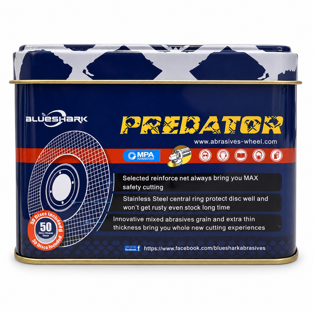 BlueShark Predator cutting discs in a 50-disc metal tin, front view