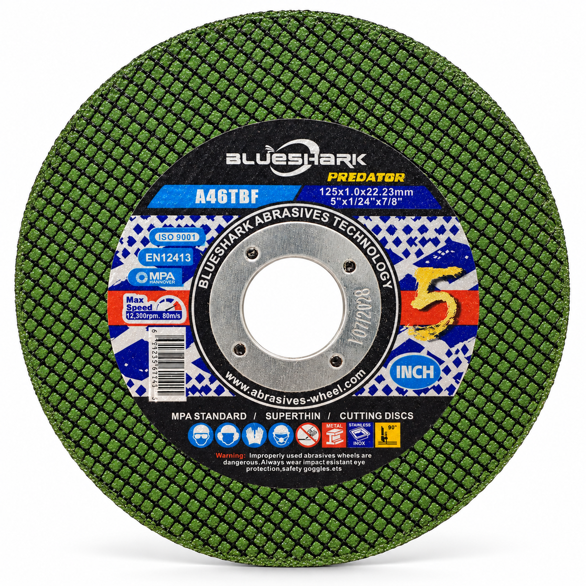 Single unwrapped BlueShark Predator 125 x 1.0 x 22.23 mm cutting disc, front view on white background