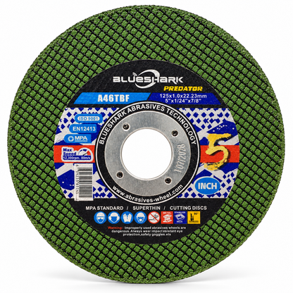 Single unwrapped BlueShark Predator 125 x 1.0 x 22.23 mm cutting disc, front view on white background