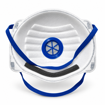 Interior of BOAUR P2VC respirator showing the nose foam, valve and two elastic headbands