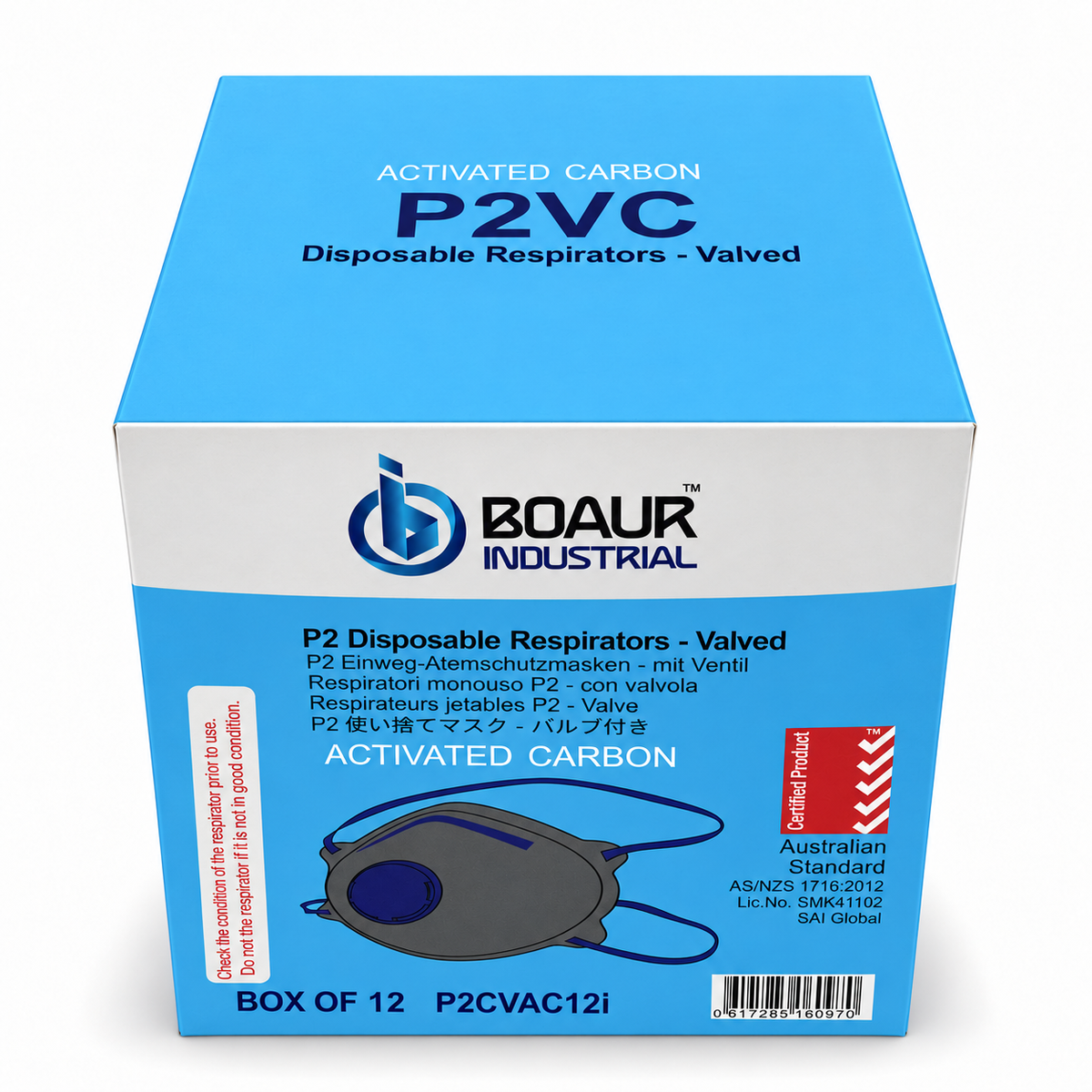 BOAUR Industrial P2VC activated carbon respirators, pristine box of 12