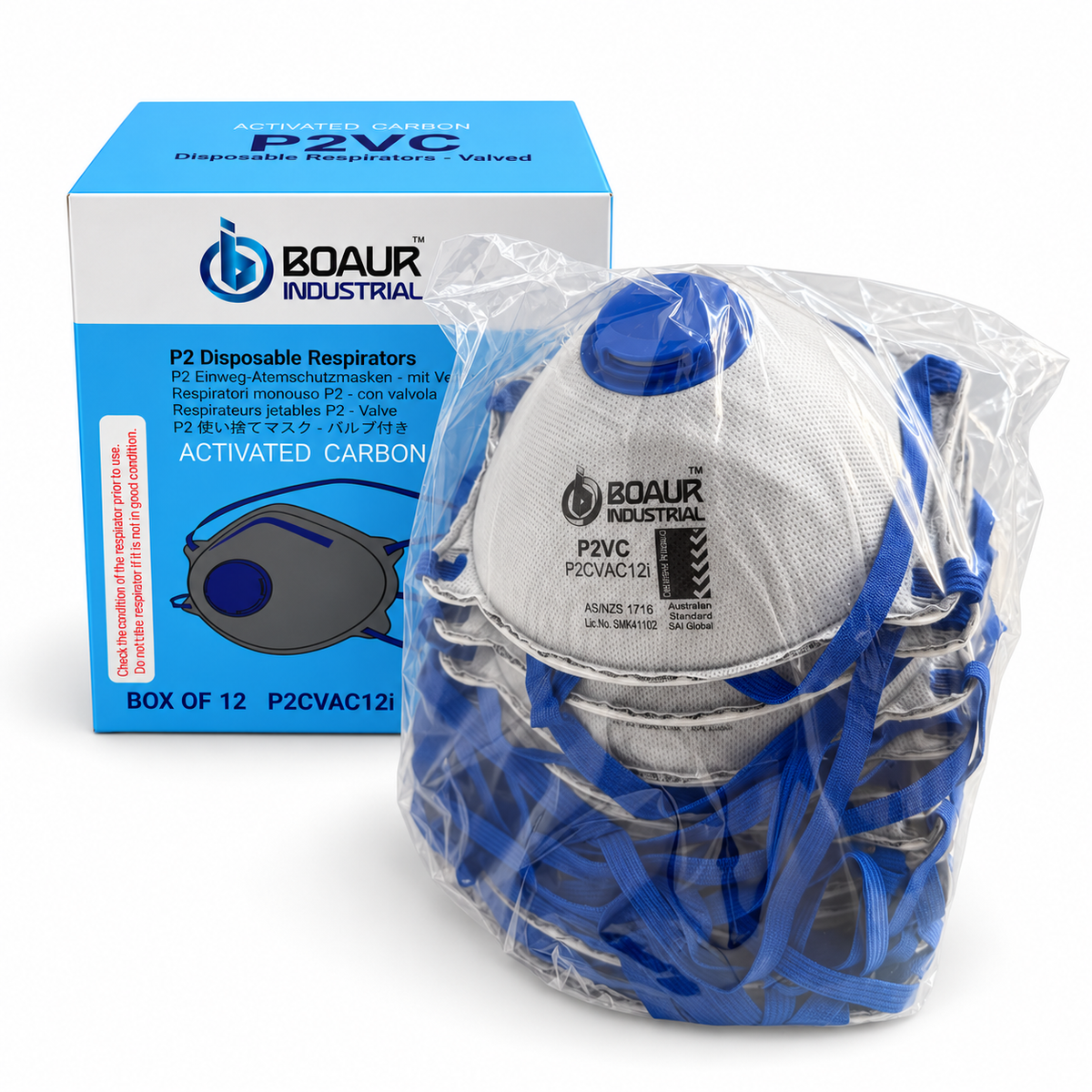 BOAUR P2VC box of 12 beside the bagged respirator stack on white background