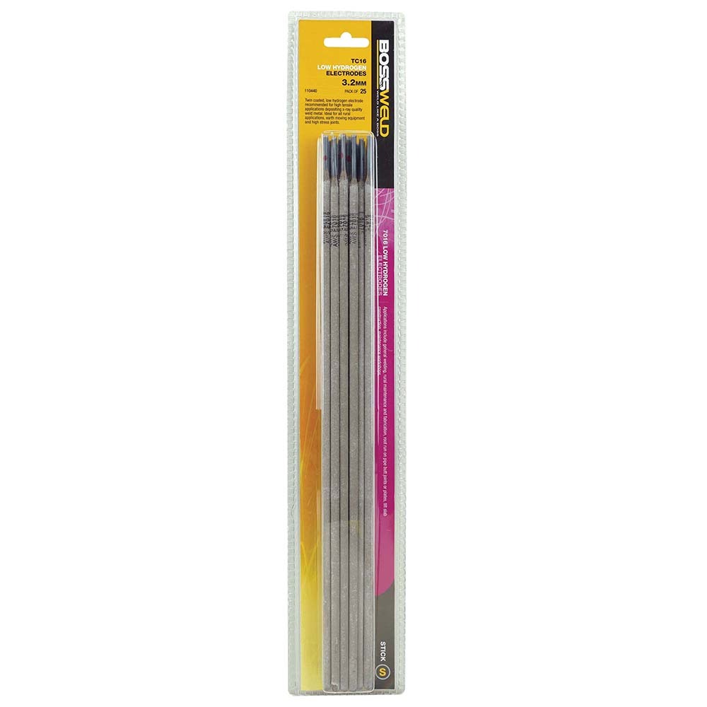 BOSSWELD TC16 low hydrogen electrodes, 3.2mm, 25-stick pack, product code 110440, front packaging