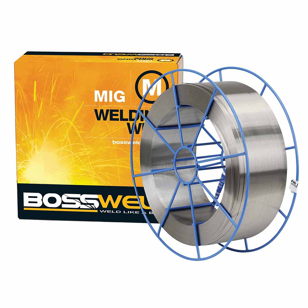 BOSSWELD 308LSi stainless steel MIG wire, 15kg blue basket spool with yellow product box