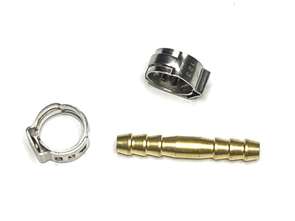 BOSSWELD 400188 5mm double-ended barbed nipple kit, showing the brass hose joiner and two metal hose clamps.