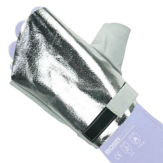 BT Bossweld 710600R right-hand glove saver reflective back fitted over a welding glove; underlying glove shown for illustration