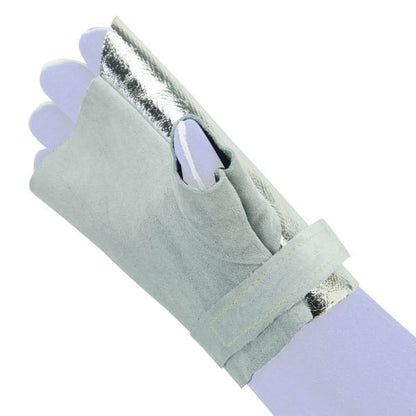 BT Bossweld 710600R right-hand glove saver side view showing open thumb and wrist strap; underlying glove shown for illustration