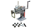 Bramley SJ2 manual swage, jenny and wiring machine with its supplied roller attachments, collars and bearing blocks arranged beside it.