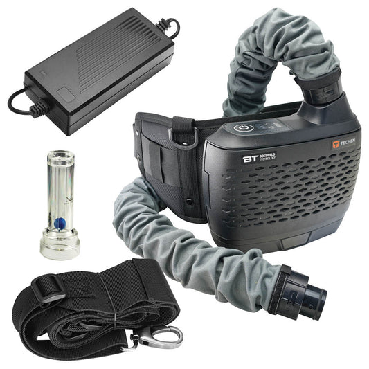 BT WELD Tecmen FreFlow 703317 respirator and hose assembly with charger, airflow indicator and strap shown by manufacturer; helmet not pictured