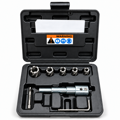Drillmate DMHB01 open black case with five imperial mini annular cutters, stepped arbour, pilot ejector pin and Allen key, on white.